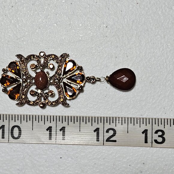 Vintage Elegant Beaded Necklace Gold Tone Pendant Brown Teardrop Charm Jewelry - Picture 7 of 7